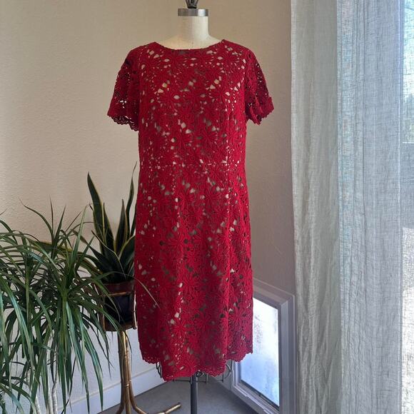 Talbots Women’s 12 Dress Red Lace Floral Cutout Sheath Dress - Picture 1 of 3
